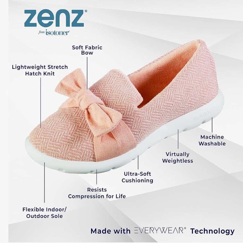 New! Isotoner Zenz Soft Pinkish Tan Bow Indoor/Outdoor Loafers Size 8